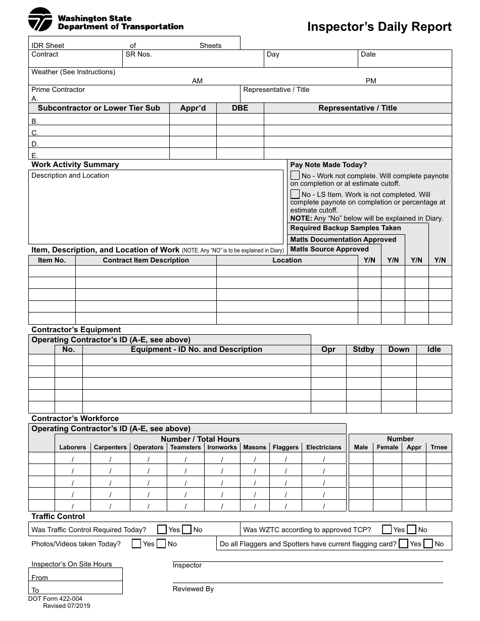 DOT Form 422-004 Download Fillable PDF or Fill Online Inspector's Daily ...