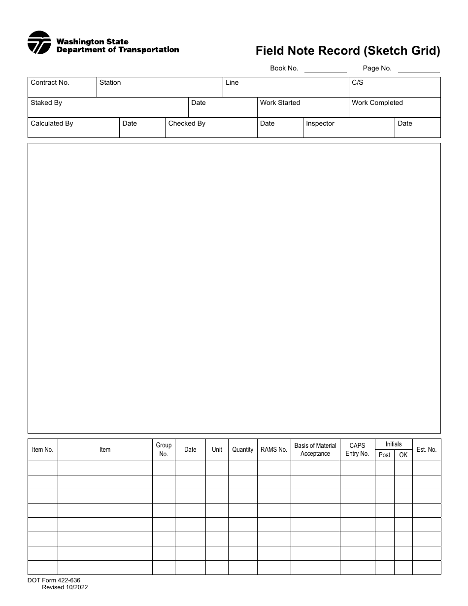DOT Form 422-636 Field Note Record (Sketch Grid) - Washington, Page 1