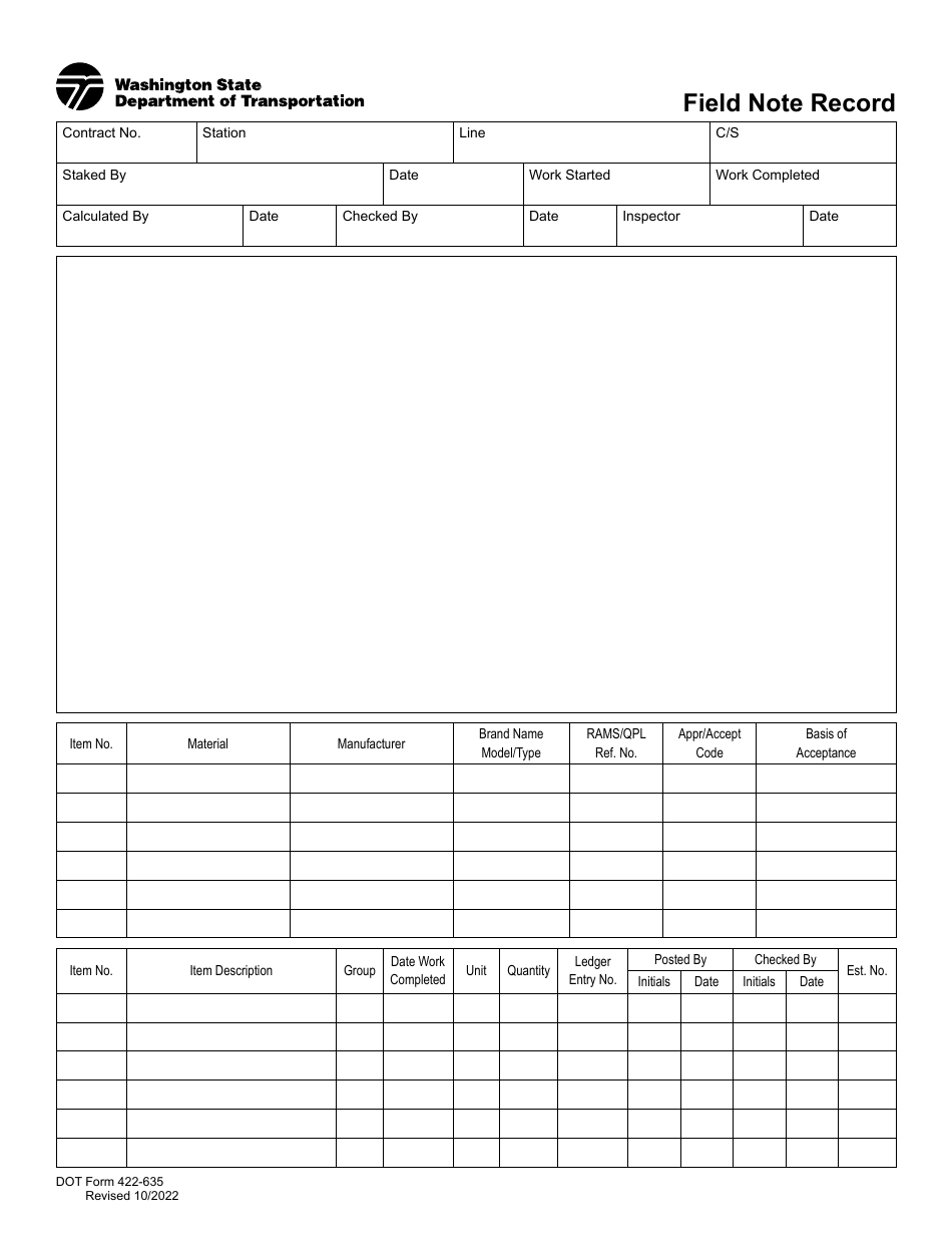 DOT Form 422-635 Field Note Record - Washington, Page 1