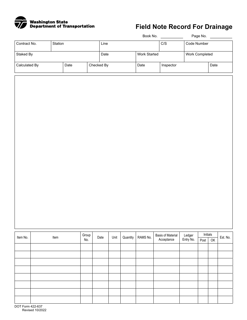 DOT Form 422-637 Field Note Record for Drainage - Washington, Page 1