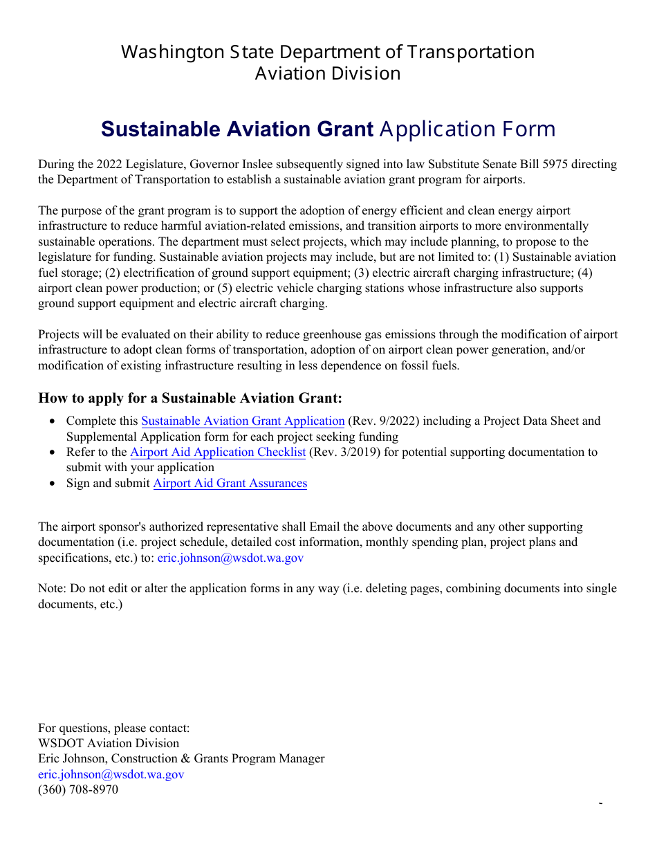 Sustainable Aviation Grant Application Form - Washington, Page 1