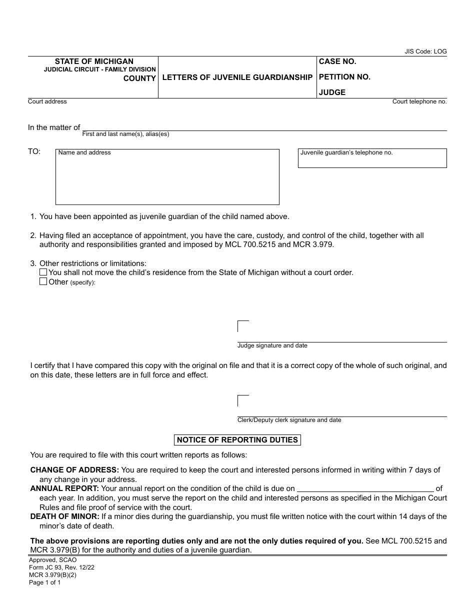 Form JC93 Letters of Juvenile Guardianship - Michigan, Page 1