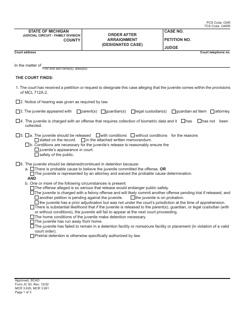 Form JC50 Order After Arraignment (Designated Case) - Michigan