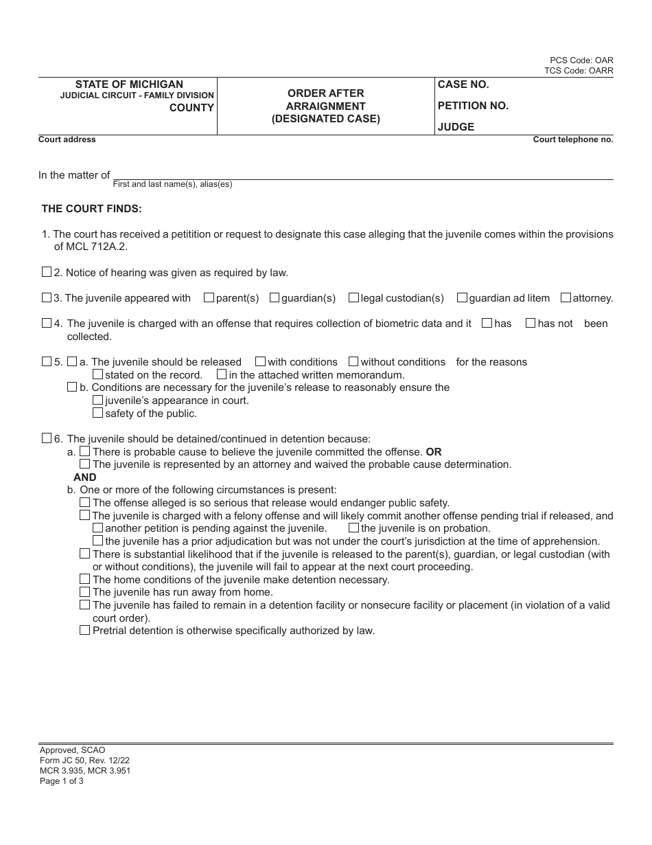 Form JC50 Order After Arraignment (Designated Case) - Michigan, Page 1