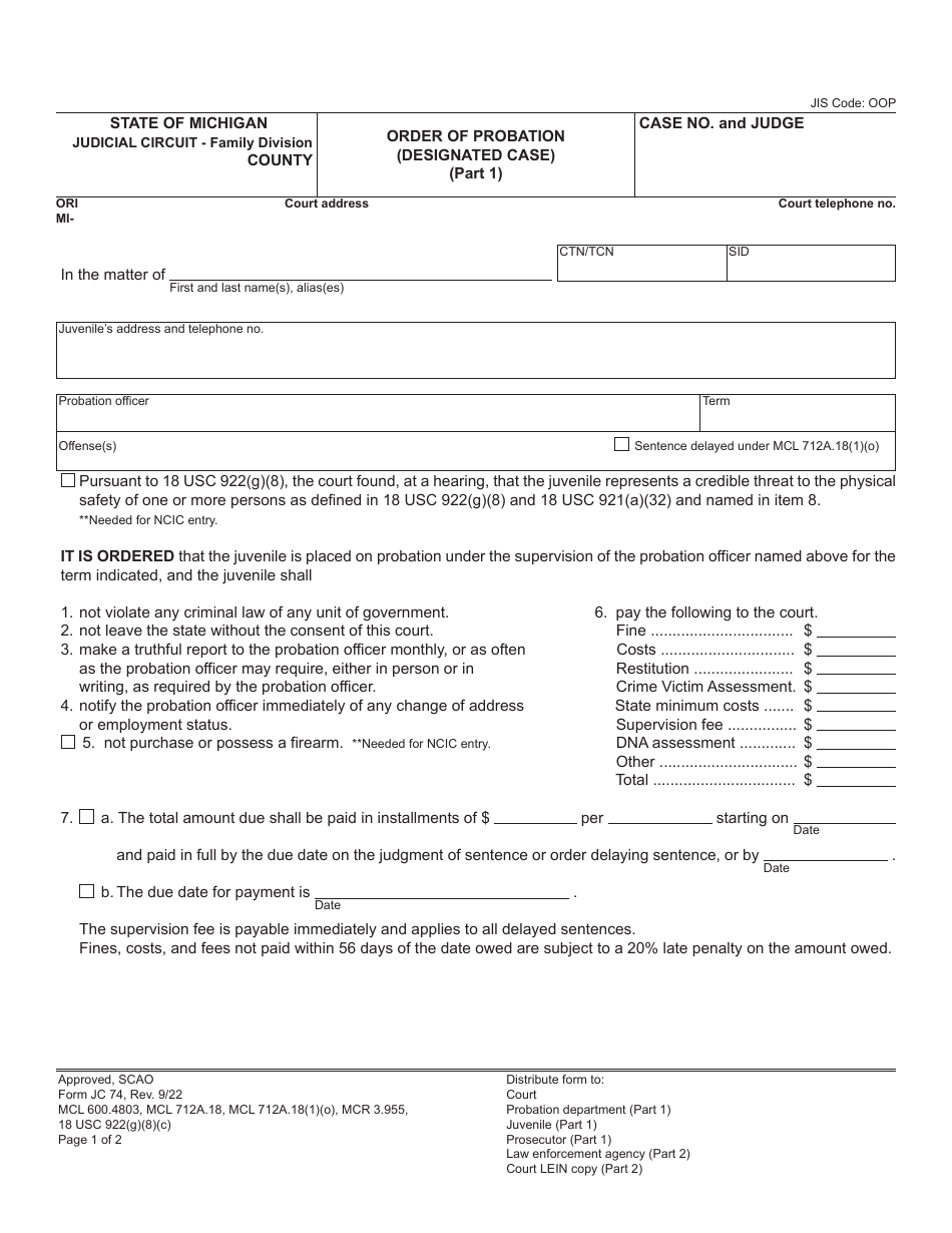 Form JC74 Download Fillable PDF or Fill Online Order of Probation