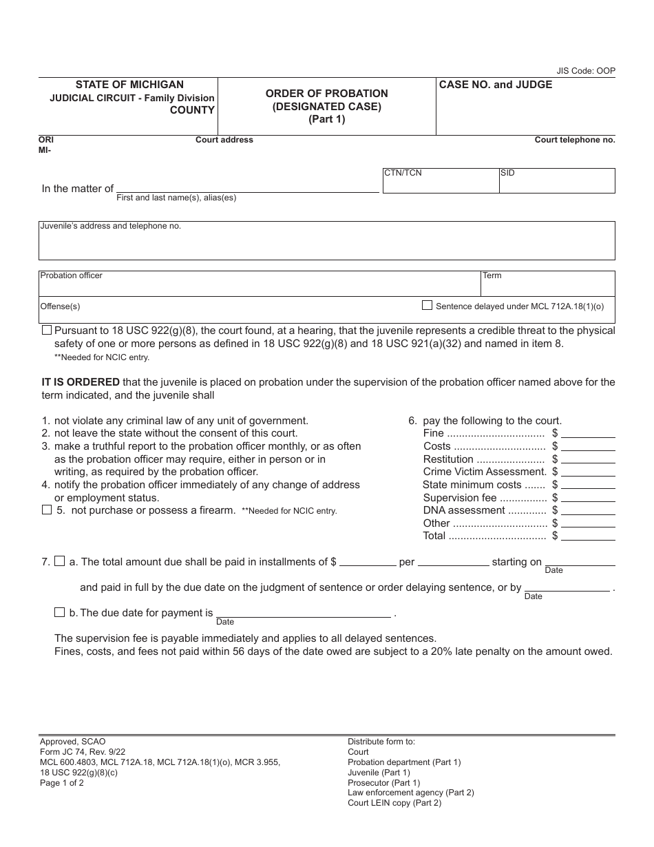 Form JC74 Order of Probation (Designated Case) - Michigan, Page 1