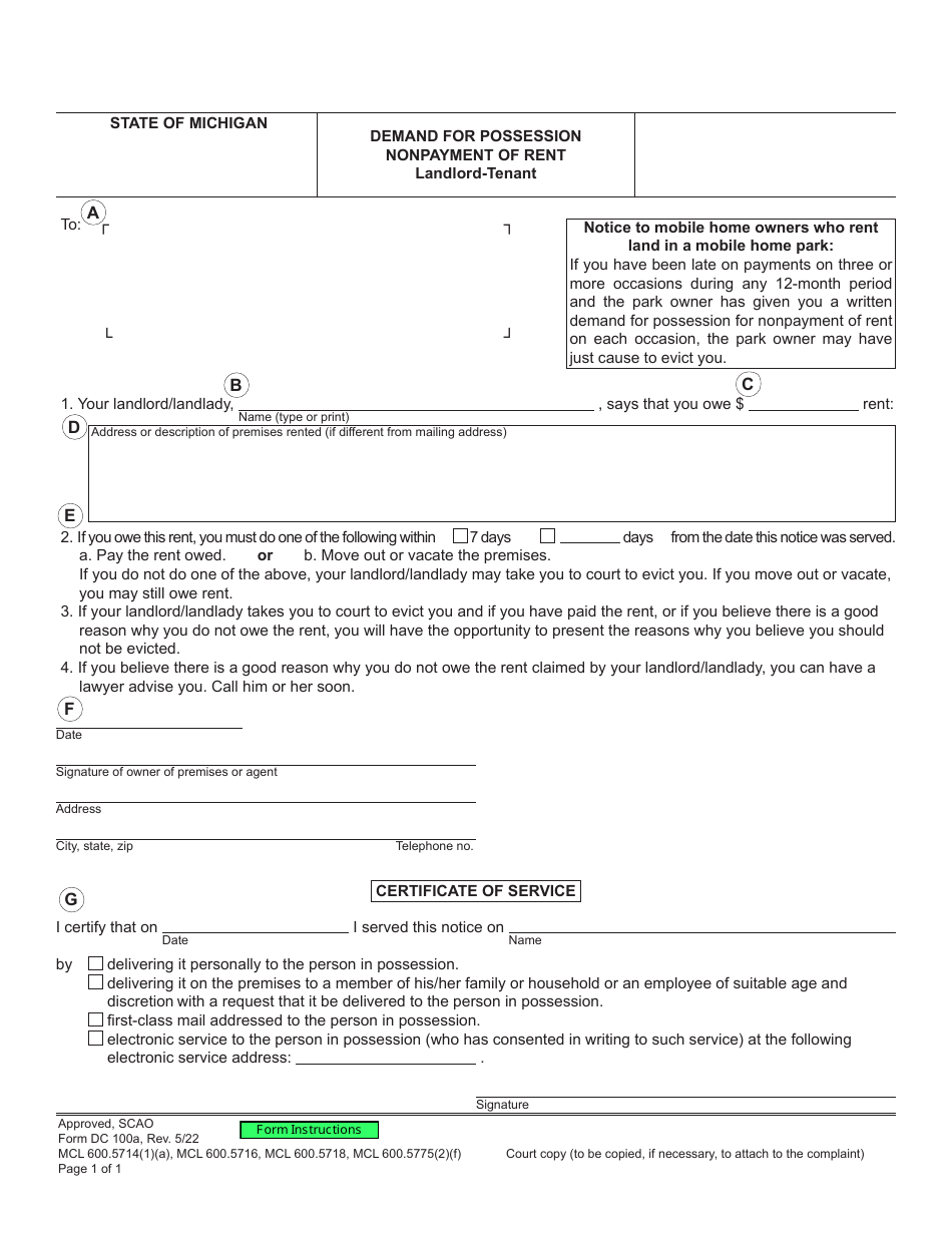 Form DC100A Demand for Possession Nonpayment of Rent - Landlord-Tenant - Michigan, Page 1
