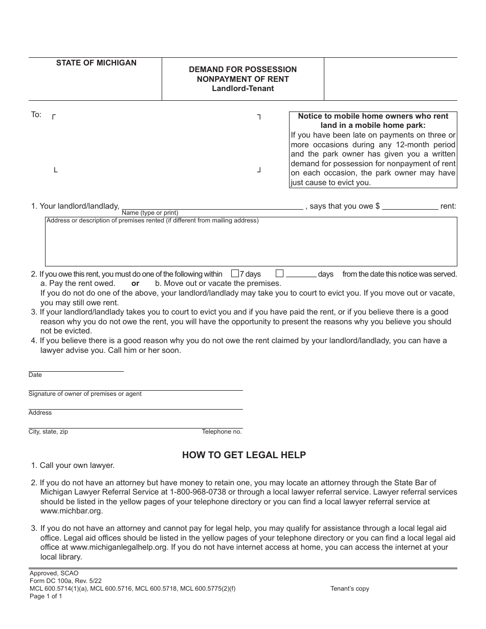 Form DC100A Demand for Possession Nonpayment of Rent - Landlord-Tenant - Michigan, Page 2