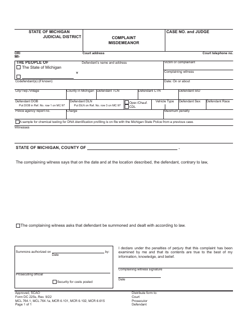 Form DC225S Misdemeanor Set - Summons - Michigan