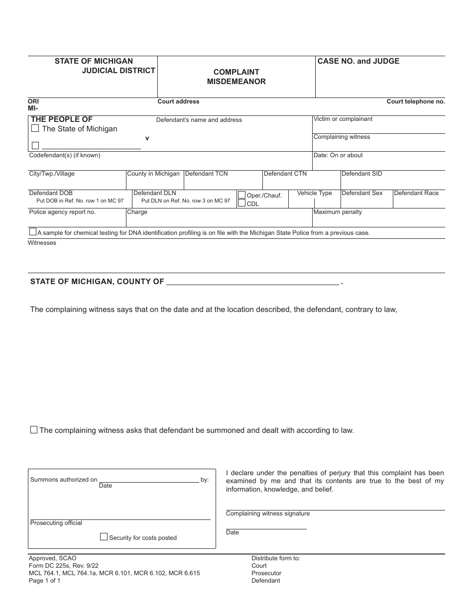 Form DC225S - Fill Out, Sign Online and Download Fillable PDF, Michigan ...