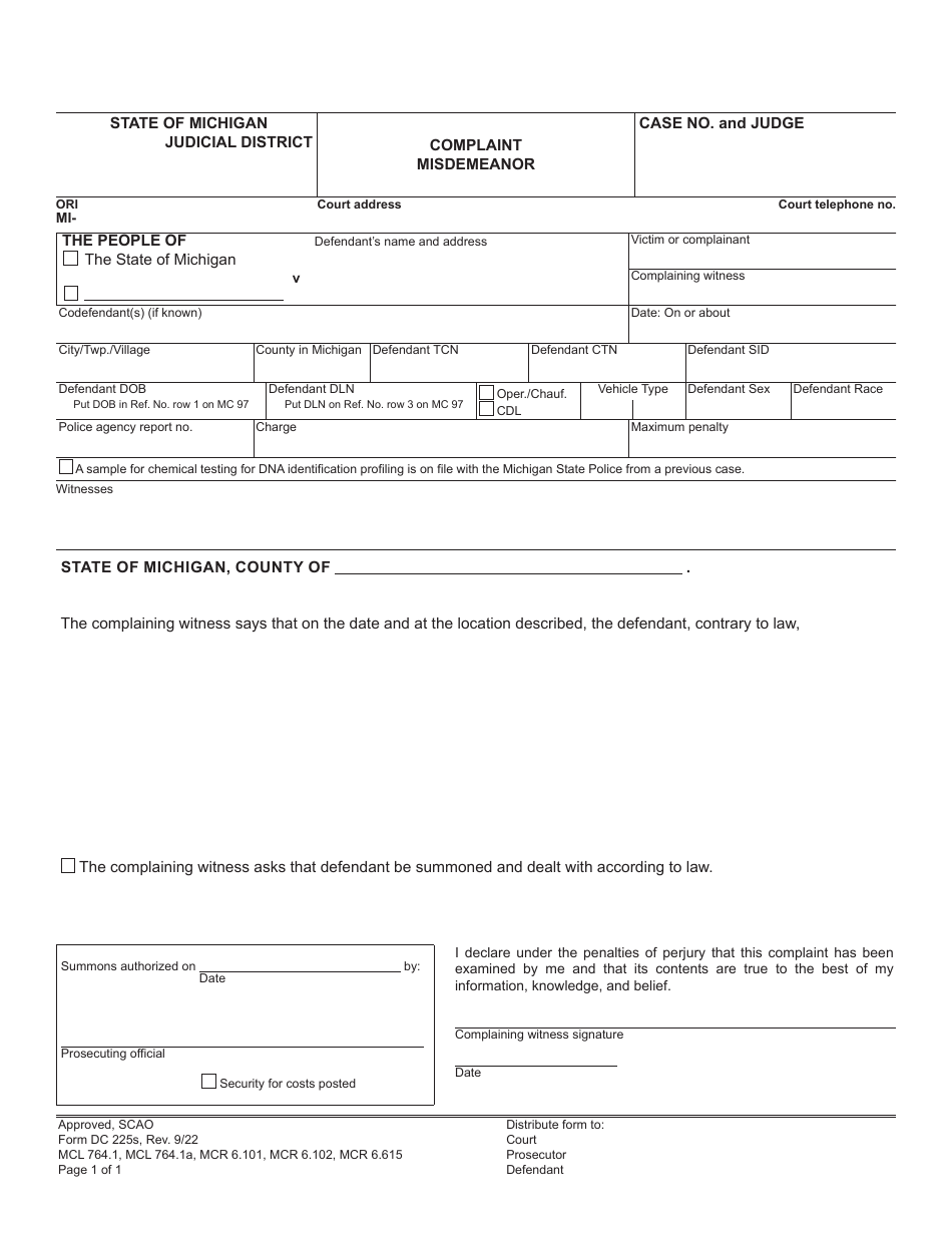 Form DC225S Misdemeanor Set - Summons - Michigan, Page 1