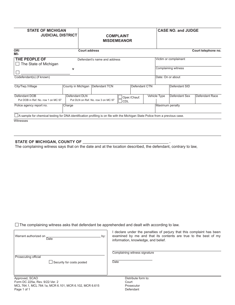 Form DC225W Misdemeanor Set - Warrant - Michigan, Page 1