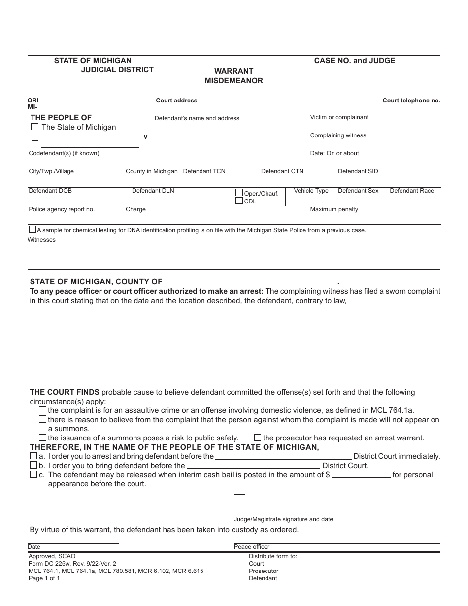 Form DC225W Download Fillable PDF or Fill Online Misdemeanor Set ...