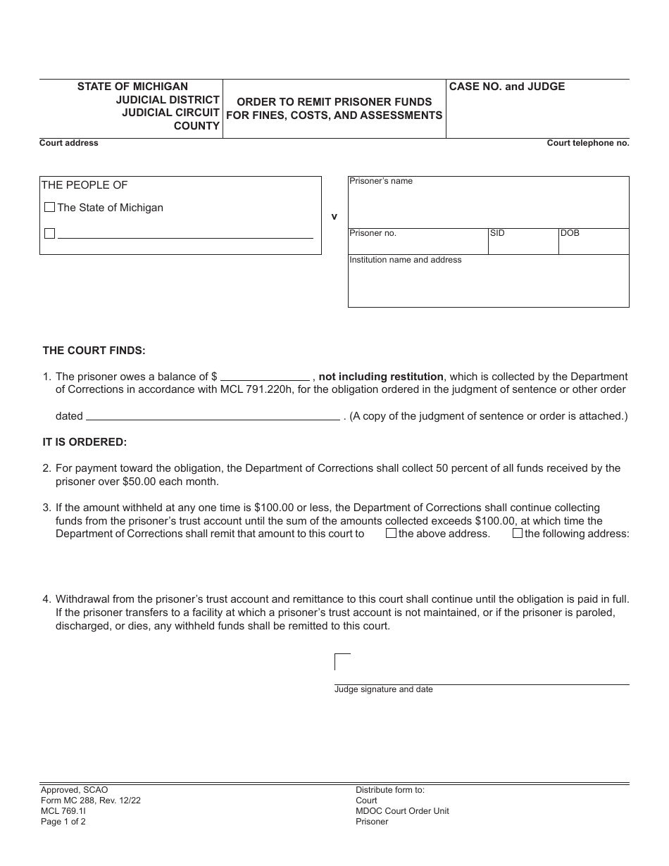 Form MC288 Order to Remit Prisoner Funds for Fines, Costs, and Assesments - Michigan, Page 1