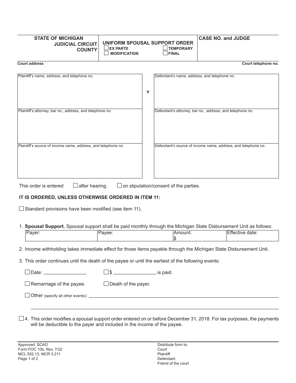 Form FOC10B Uniform Spousal Support Order - Michigan, Page 1