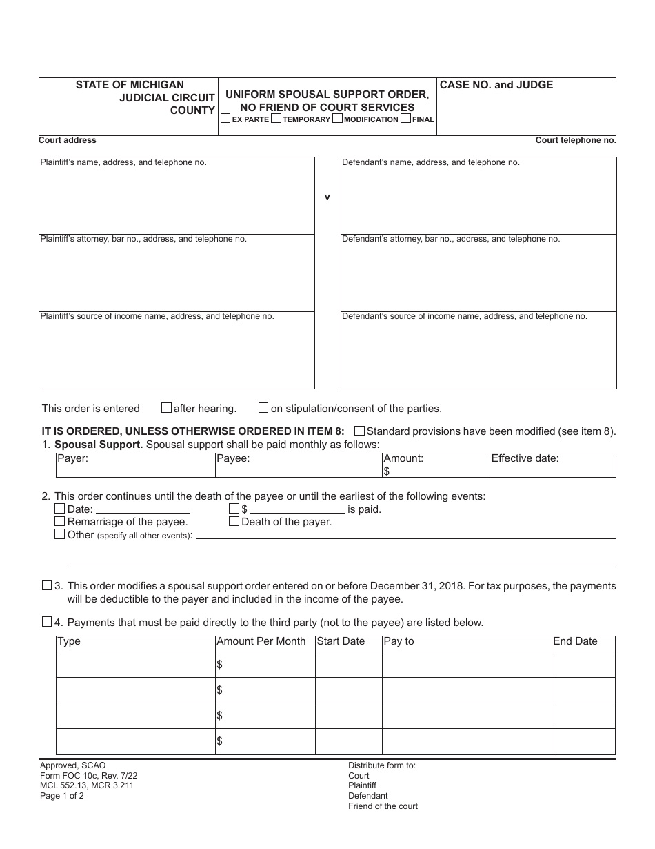 Form FOC10C Uniform Spousal Support Order, No Friend of Court Services - Michigan, Page 1
