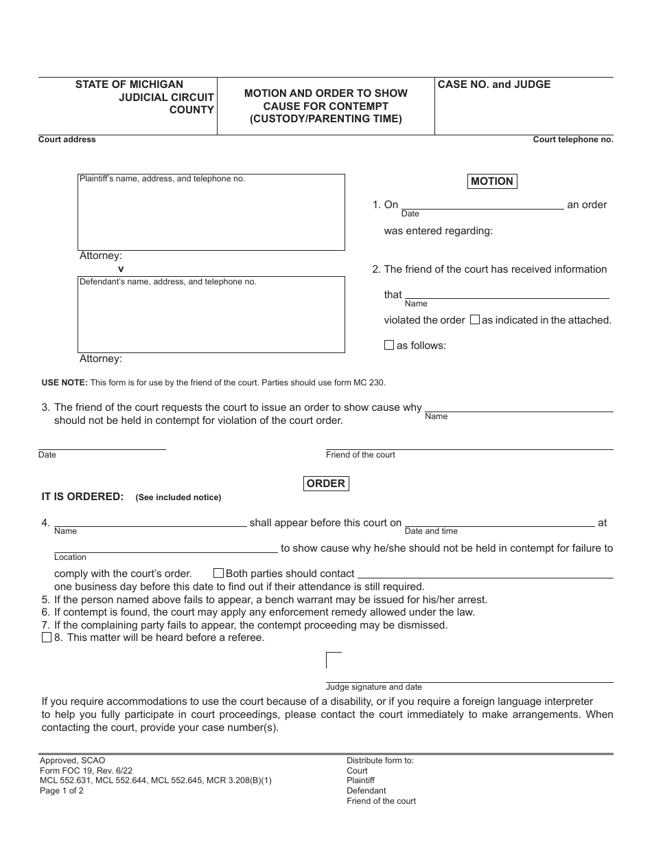 Form FOC19 Motion and Order to Show Cause for Contempt (Custody/Parenting Time) - Michigan, Page 1