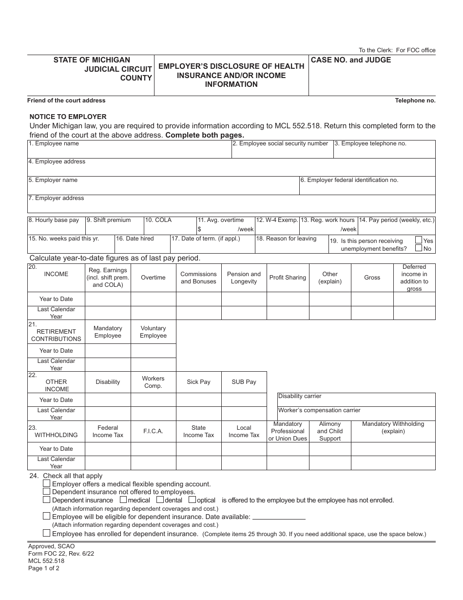 Form FOC22 - Fill Out, Sign Online and Download Fillable PDF, Michigan ...