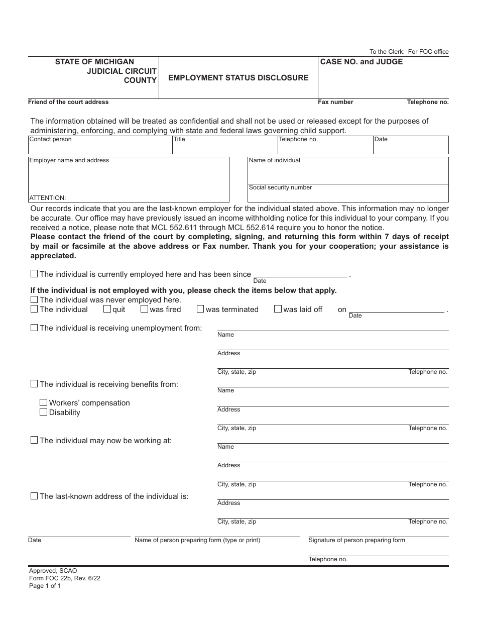 Form FOC22B Download Fillable PDF or Fill Online Employment Status ...