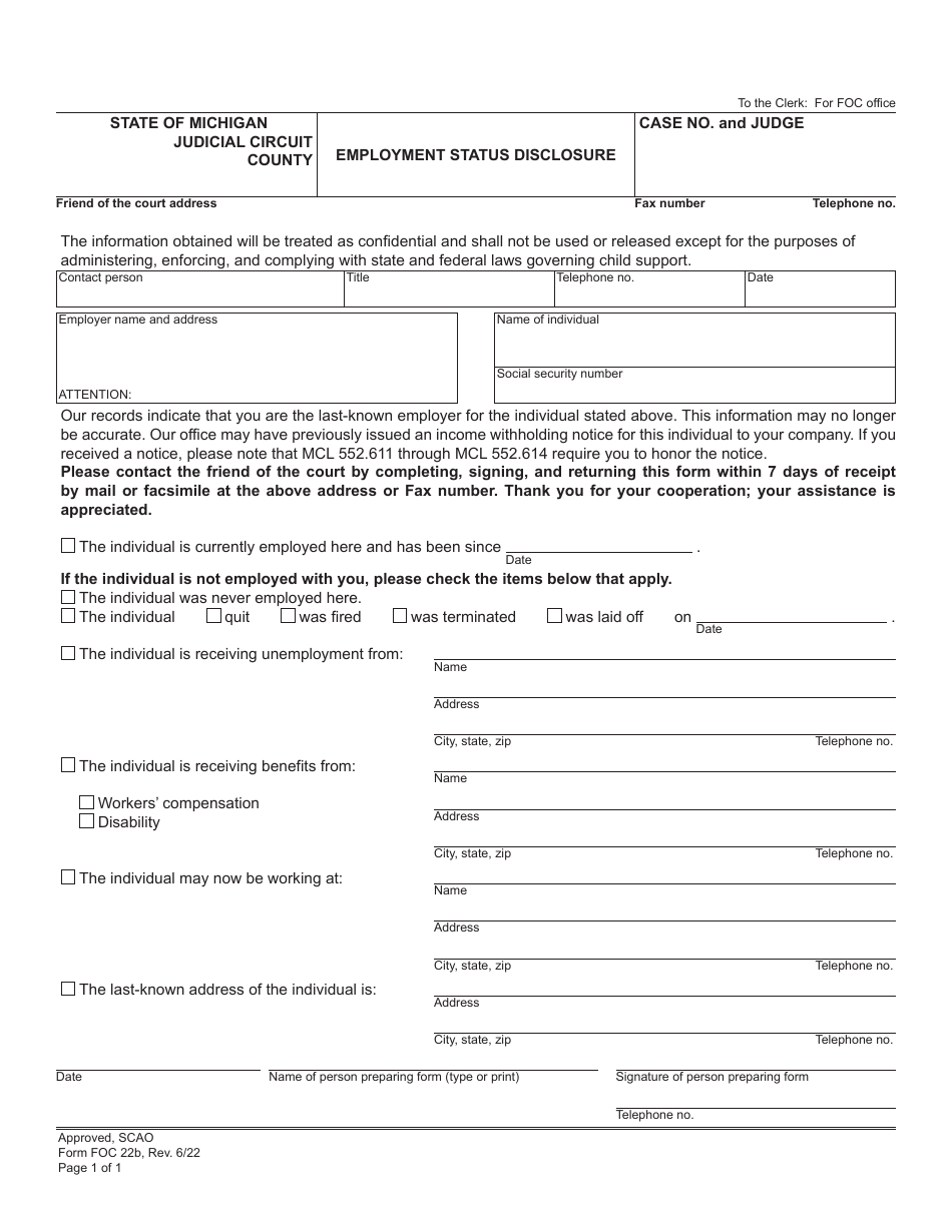 Form FOC22B Employment Status Disclosure - Michigan, Page 1