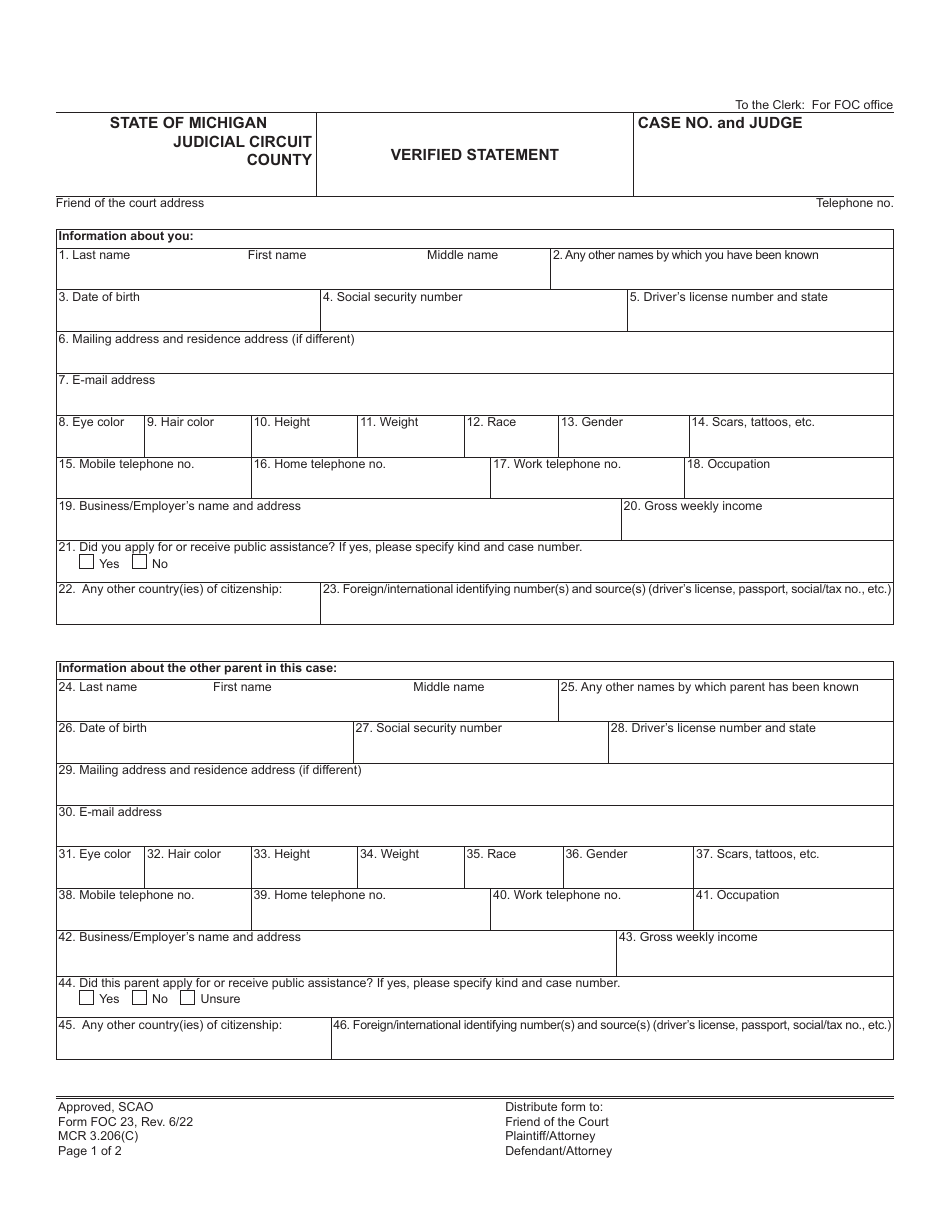 Form FOC23 Verified Statement - Michigan, Page 1