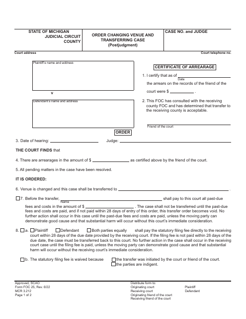 Form FOC25 Order Changing Venue and Transferring Case (Postjudgment) - Michigan