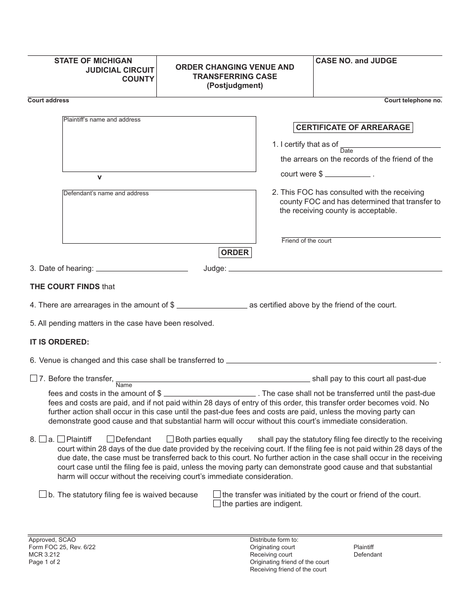 Form FOC25 Order Changing Venue and Transferring Case (Postjudgment) - Michigan, Page 1