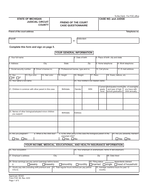Form FOC39 Friend of the Court Case Questionnaire - Michigan