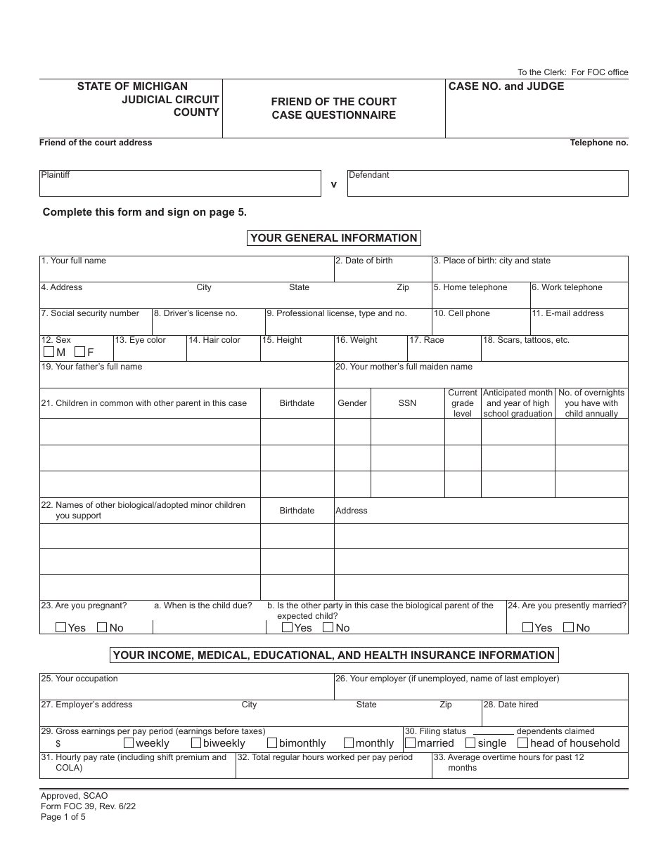 Form FOC39 Friend of the Court Case Questionnaire - Michigan, Page 1