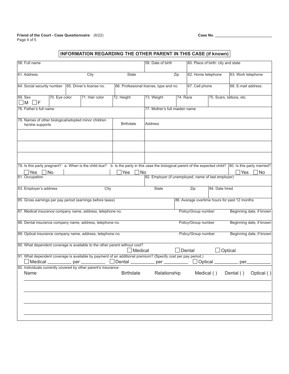 Form FOC39 Friend of the Court Case Questionnaire - Michigan, Page 4