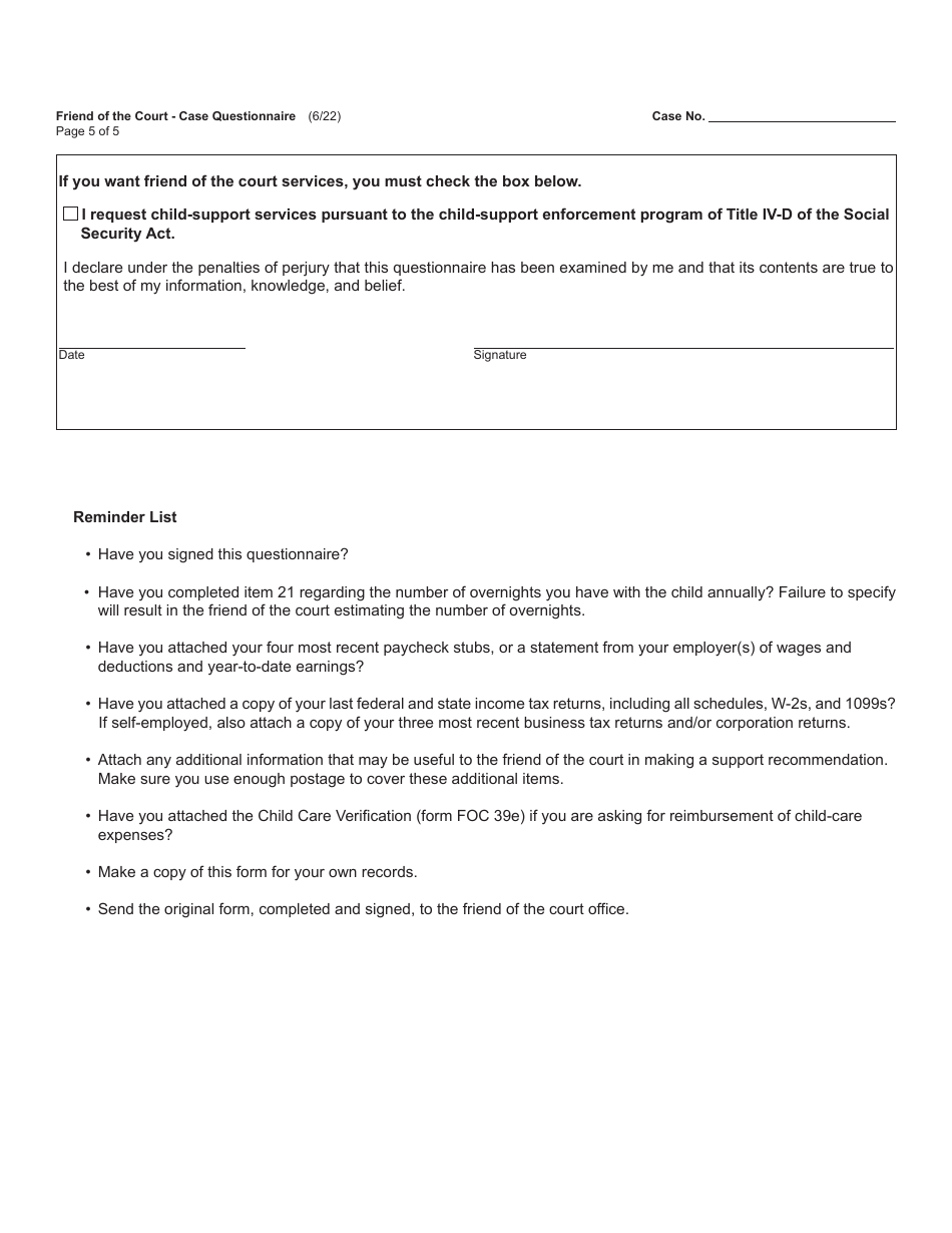 Form FOC39 Friend of the Court Case Questionnaire - Michigan, Page 5