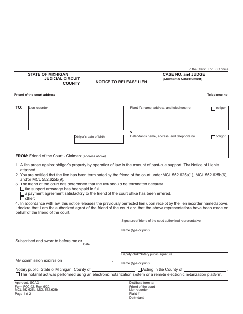 Form FOC92 Notice to Release Lien - Michigan