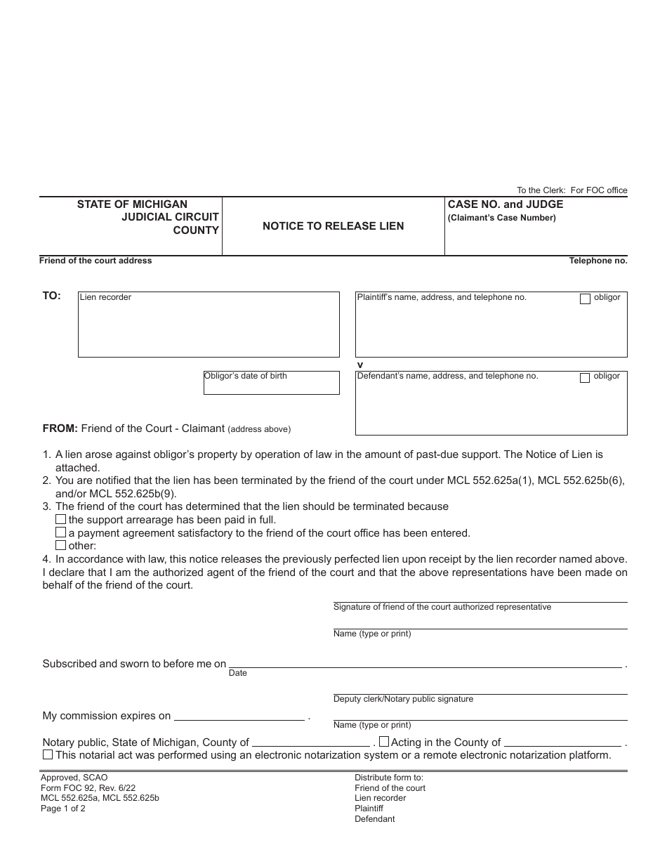 Form FOC92 - Fill Out, Sign Online and Download Fillable PDF, Michigan ...