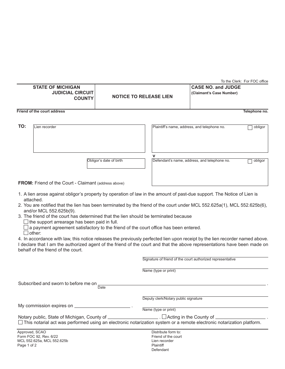 Form FOC92 Notice to Release Lien - Michigan, Page 1