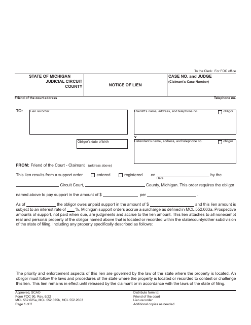 Form FOC90 Notice of Lien - Michigan