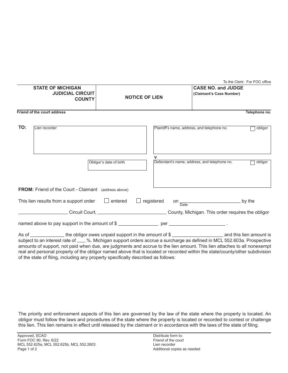 Form FOC90 Download Fillable PDF or Fill Online Notice of Lien ...