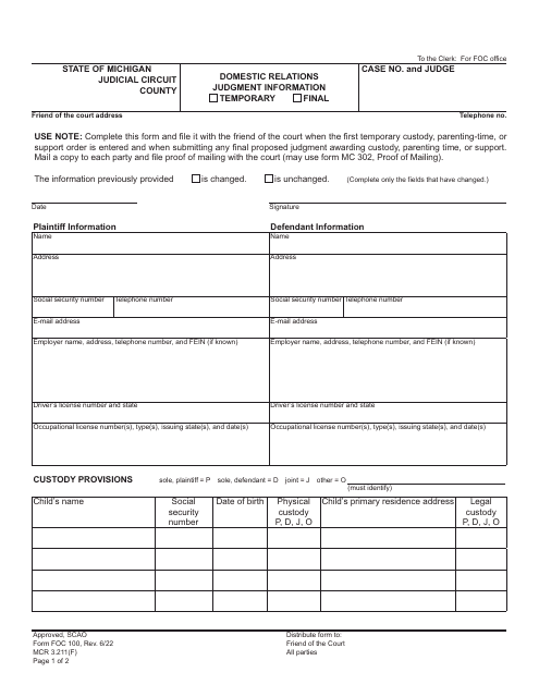 Form FOC100 Domestic Relations Judgment Information - Michigan