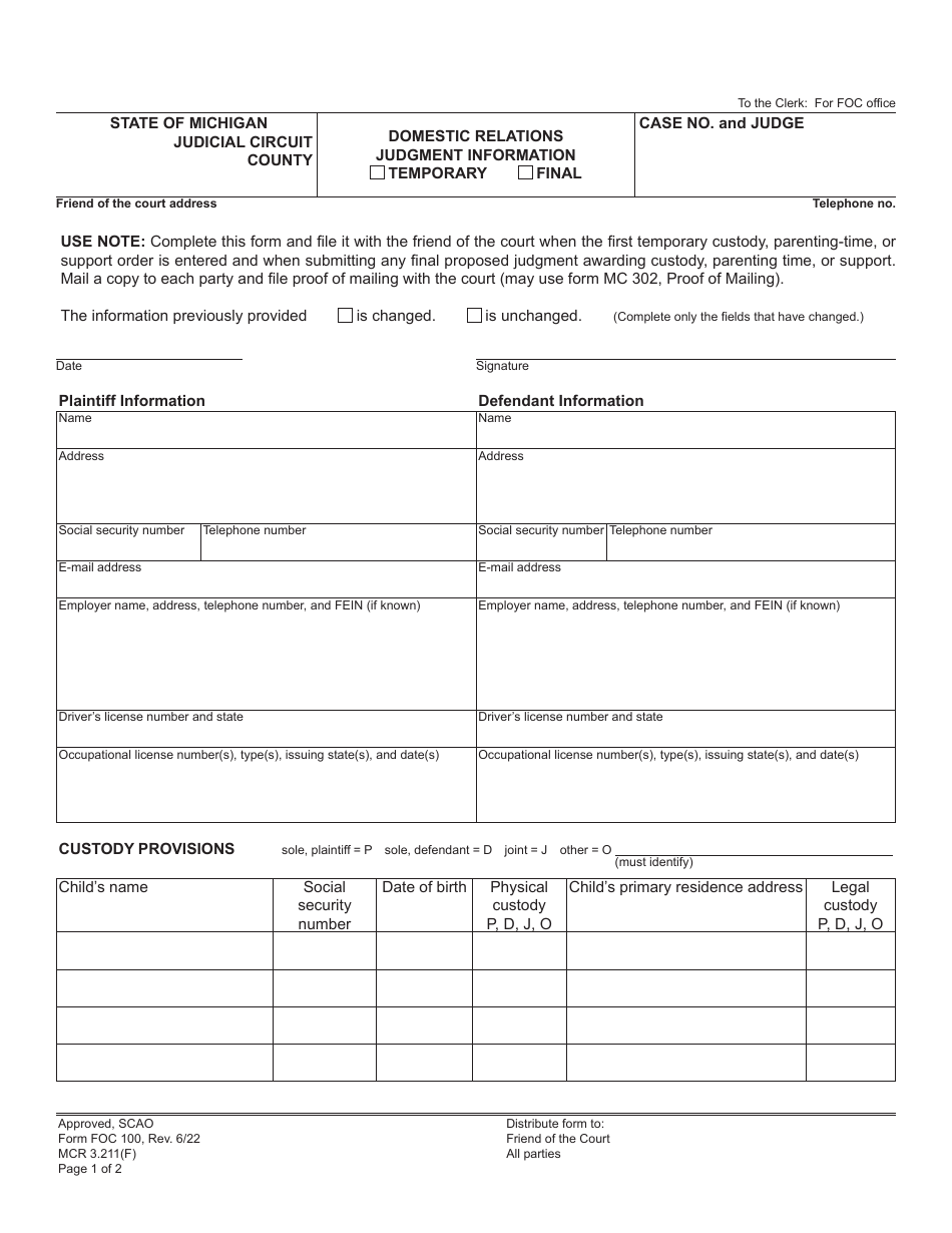 Form FOC100 Domestic Relations Judgment Information - Michigan, Page 1