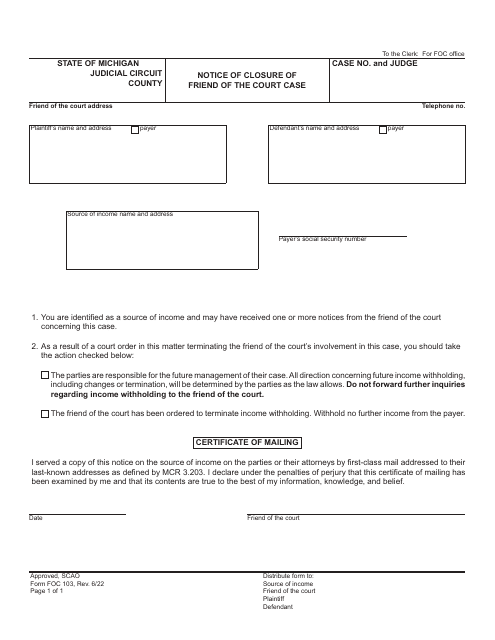 Form FOC103 Notice of Closure of Friend of the Court Case - Michigan