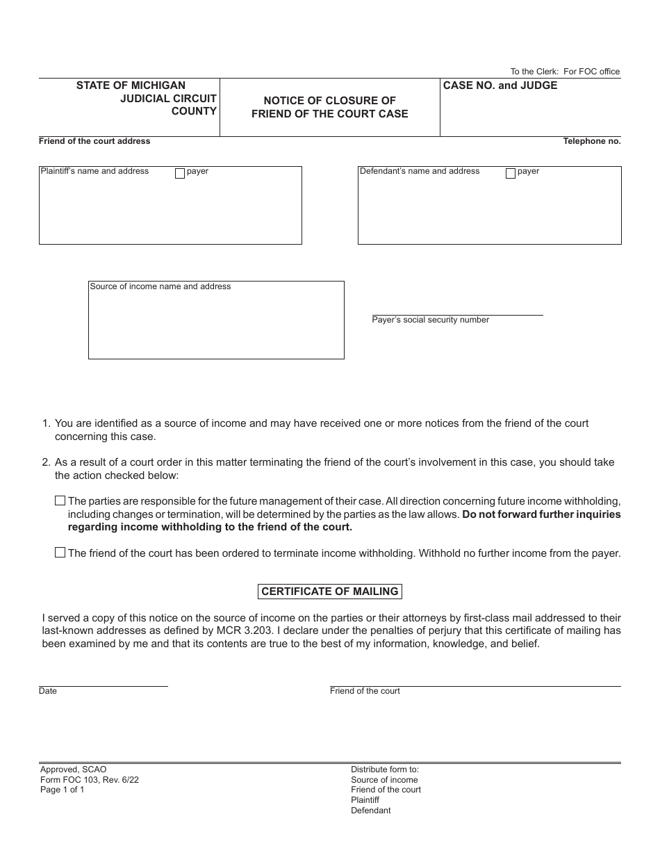 Form FOC103 Notice of Closure of Friend of the Court Case - Michigan, Page 1
