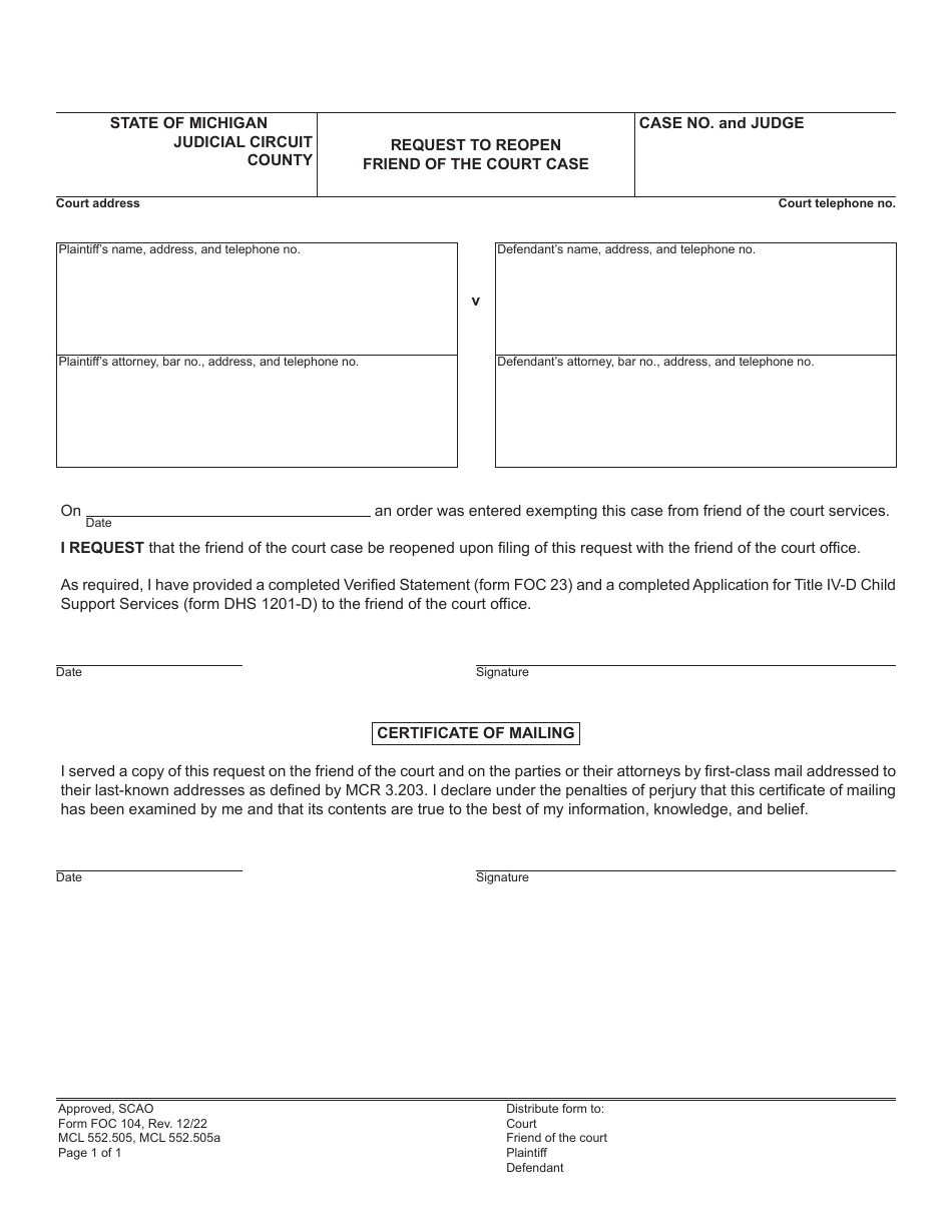 Form FOC104 Request to Reopen Friend of the Court Case - Michigan, Page 1