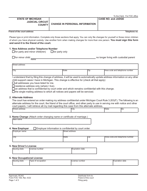 Form FOC108 Change in Personal Information - Michigan