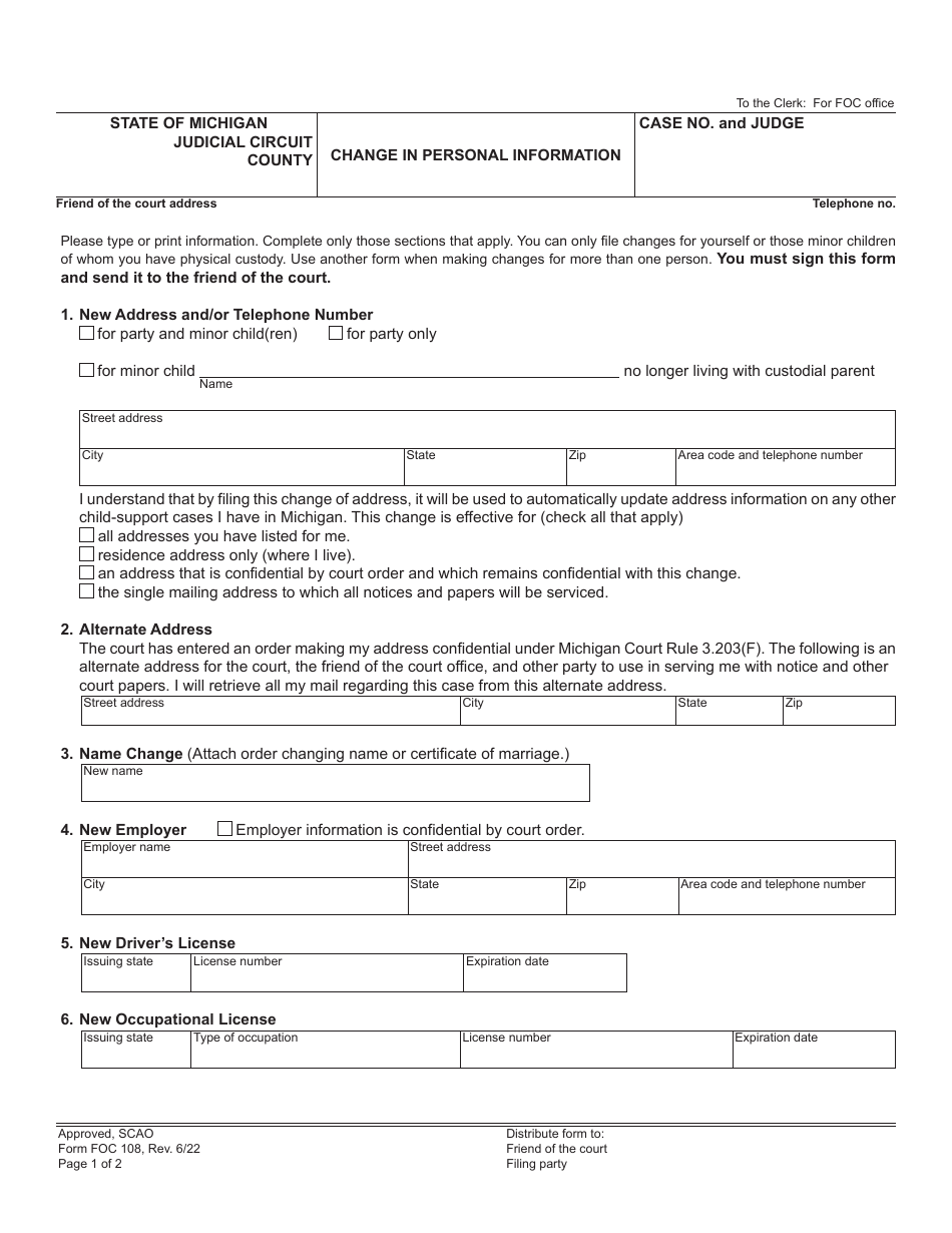 Form FOC108 Change in Personal Information - Michigan, Page 1