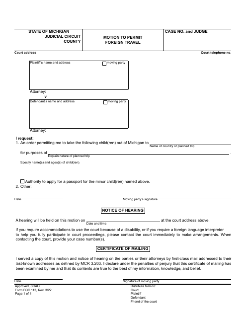 Form FOC113 Motion to Permit Foreign Travel - Michigan