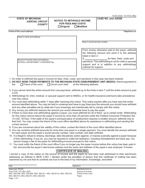 Form FOC119 Notice to Withhold Income for Fees and Costs - Michigan