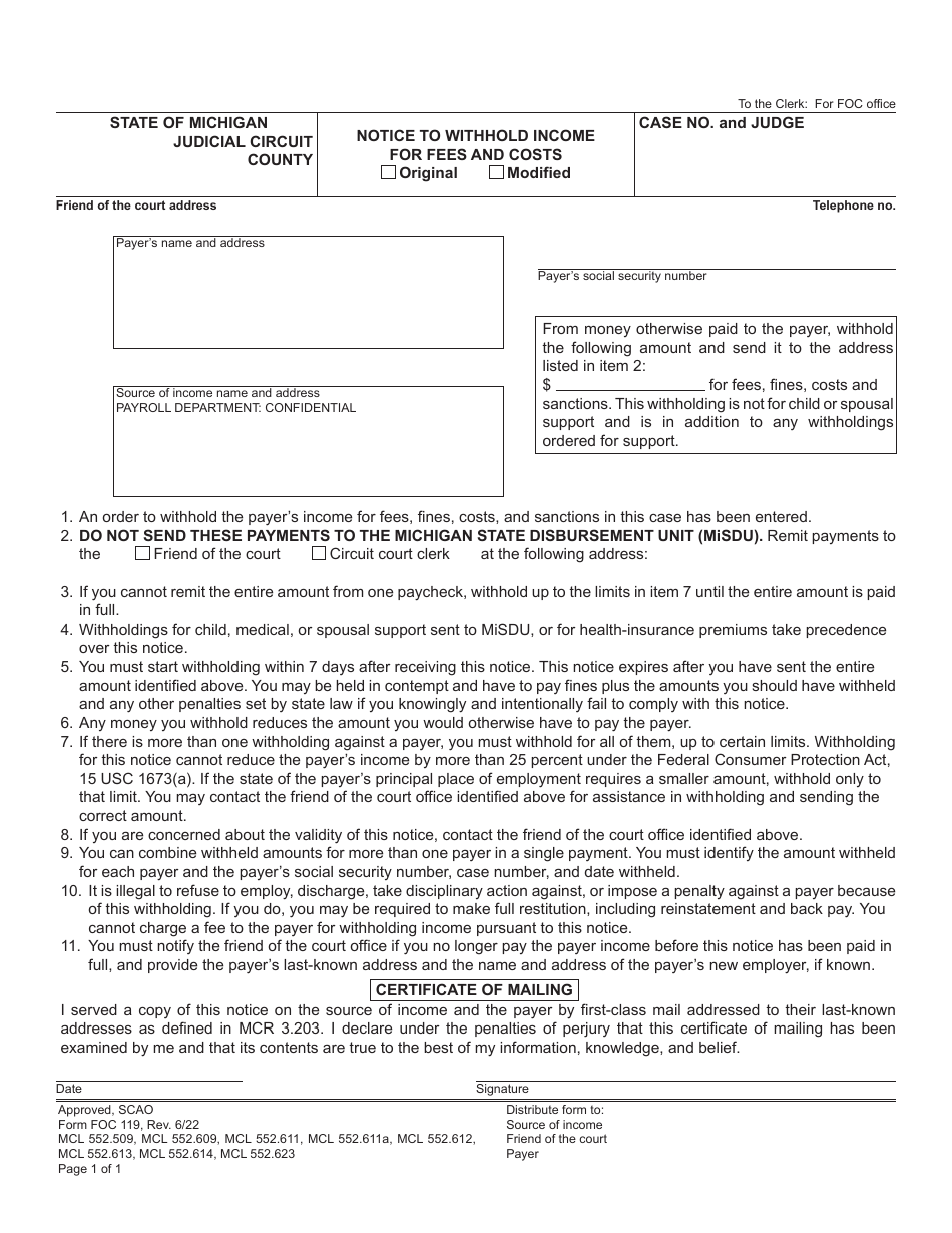 Form FOC119 Notice to Withhold Income for Fees and Costs - Michigan, Page 1