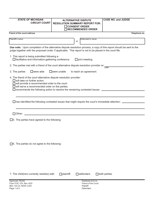 Form FOC125 Alternative Dispute Resolution Summary Report - Michigan