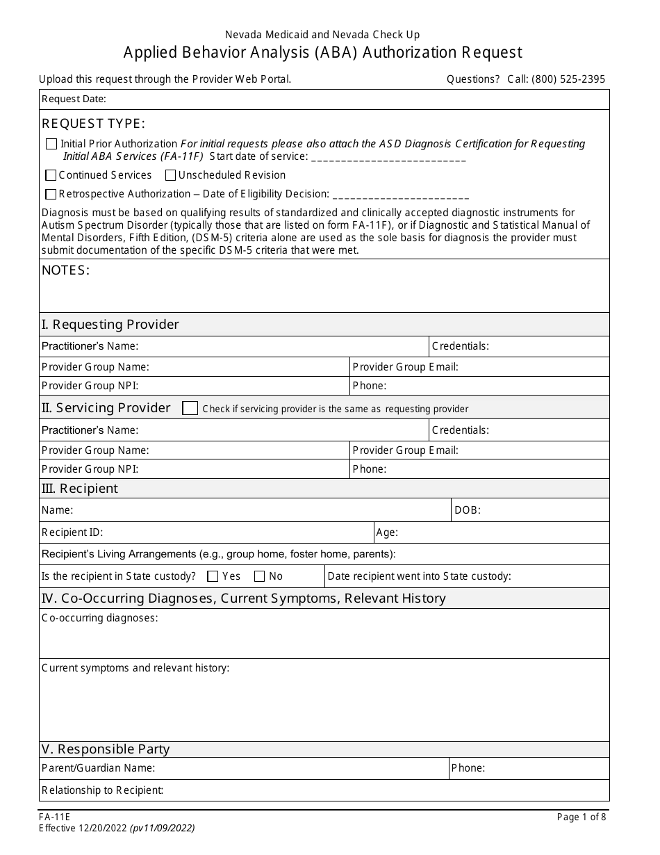 Form FA-11E Applied Behavior Analysis (Aba) Authorization Request - Nevada, Page 1