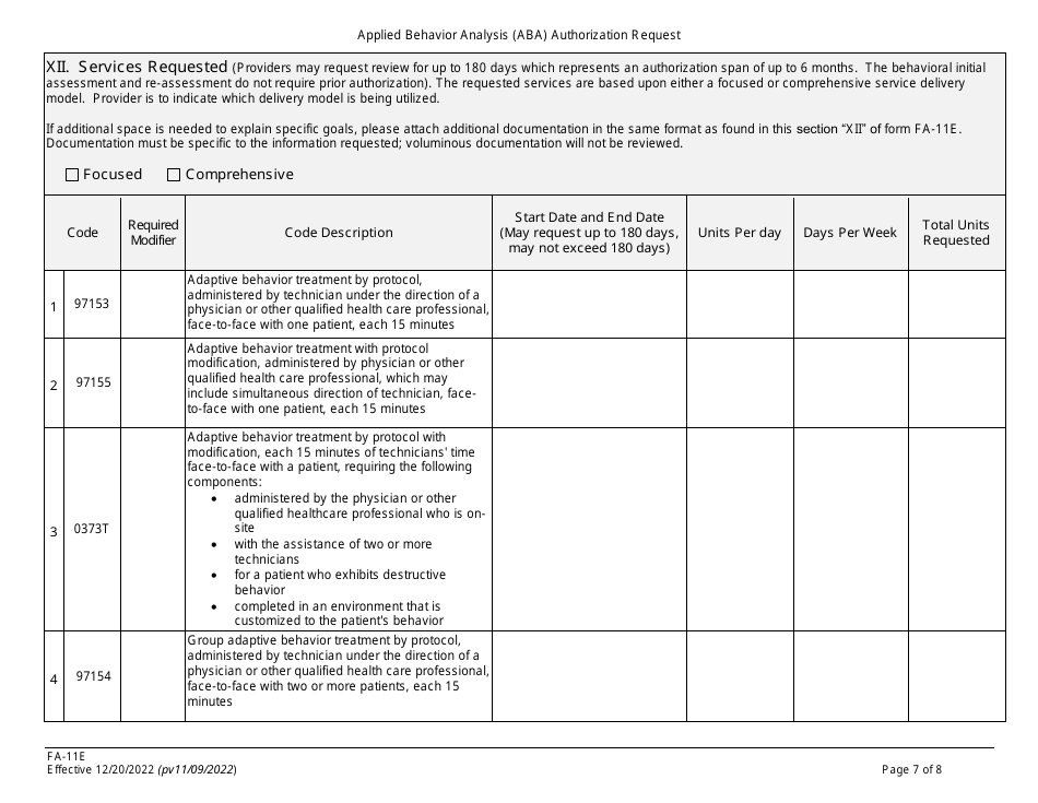 Form FA-11E Applied Behavior Analysis (Aba) Authorization Request - Nevada, Page 7