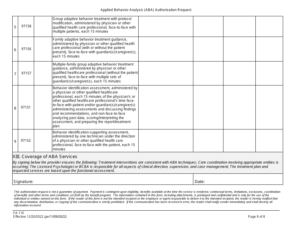 Form FA-11E Applied Behavior Analysis (Aba) Authorization Request - Nevada, Page 8